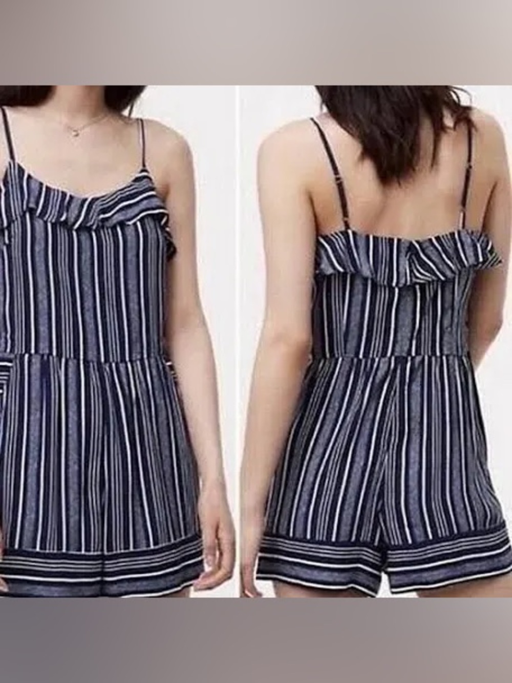 LOFT Striped Navy Blue Romper with Ruffled Neckline Overlay